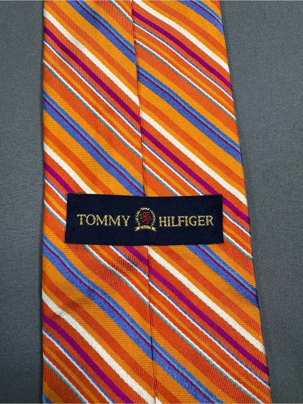 Vintage Tommy Hilfiger 100% Silk Striped Tie Orange Blue USA Made